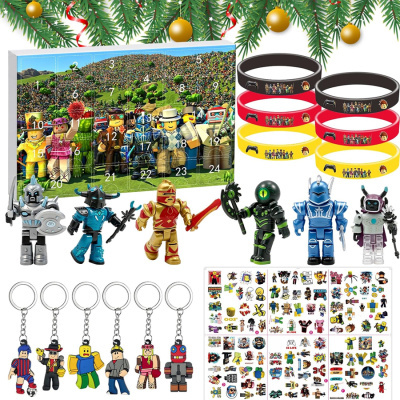 Brinquedos de personagens estilo Lego, calendário, braceletes, chaveiros e autocolantes com tema Natal
