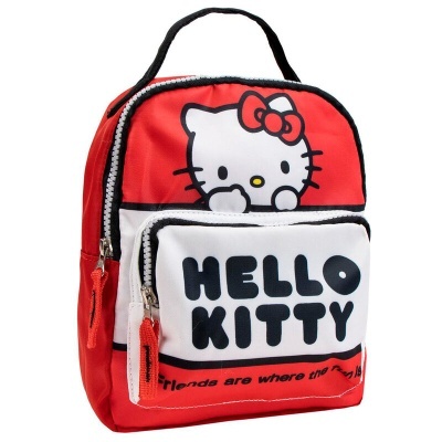 Mochila infantil vermelha e branca com Hello Kitty e texto Hello Kitty