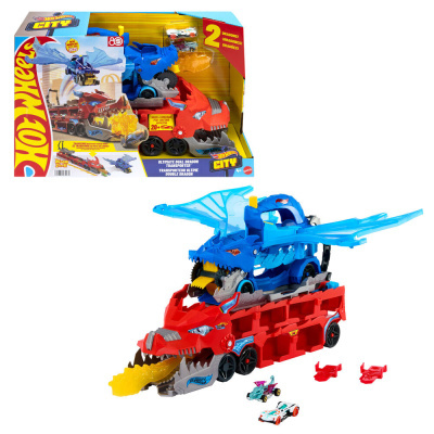 Brinquedo Hot Wheels dragão ferroviário azul e vermelho com três mini-carros em embalagem colorida
