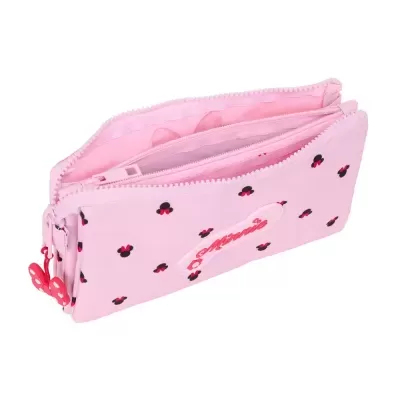 Estojo rosa claro com padrão Minnie e fecho de zíper duplo