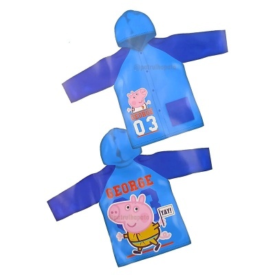 Casaco impermeável azul com mangas roxas e estampados do personagem George da Peppa Pig