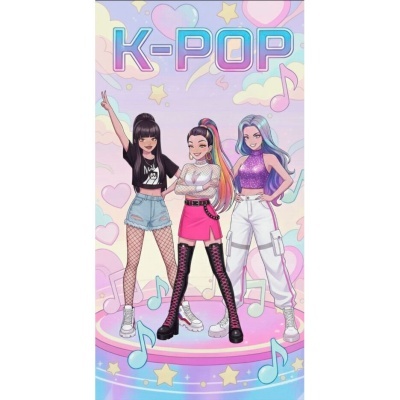 Ilustração de três personagens femininas estilo K-POP com roupas modernas e coloridas num palco com notas musicais e texto K-POP