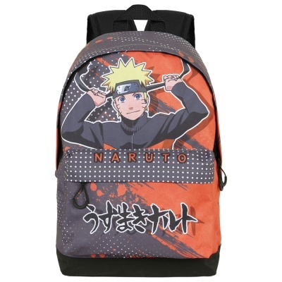 Mochila Naruto laranja e preta com personagem e texto
