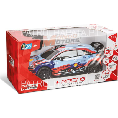 Carro de corrida r/c Hyundai i20 WRC azul e vermelho em caixa vermelha e branca