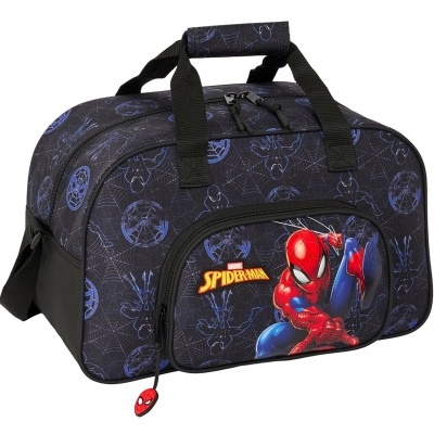 Mala desportiva preta com imagem do Homem-Aranha em bolso frontal