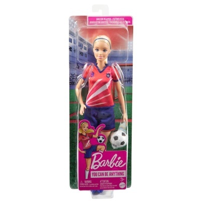 Boneca Barbie jogadora de futebol em embalagem com texto 'Barbie YOU CAN BE ANYTHING'