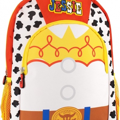 Mochila colorida infantil com padrão de pele de vaca e o nome JESSIE
