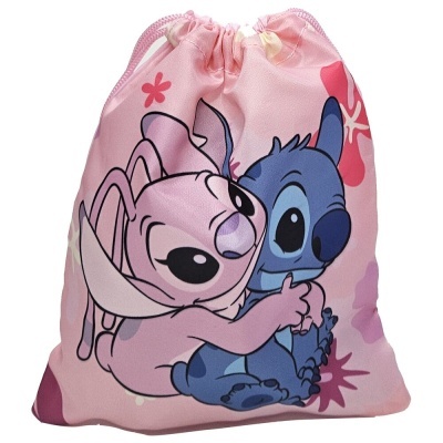 Saco rosa com personagens Stitch e Angel e flores