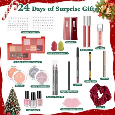 Conjunto de maquilhagem com vários produtos organizados sobre fundo natalício vermelho com texto '24 Days of Surprise Gifts'