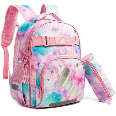 Mochila escolar colorida com estampa de unicórnio prateado e estojo combinando