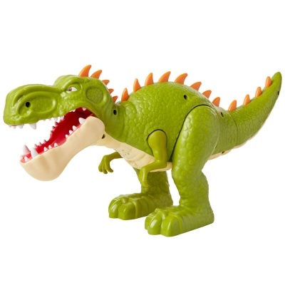 Brinquedo dinossauro robô verde com detalhes em laranja nas costas