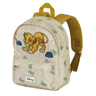 Mochila infantil bege com estampa do Simba e folhas verdes