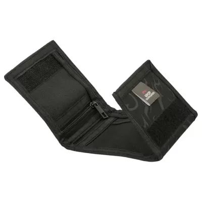 Carteira preta de tecido com fecho de velcro e compartimentos