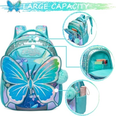 Mochila azul com asas de borboleta em 3D e detalhes brilhantes