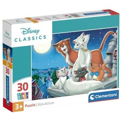 Caixa de puzzle Disney Classics da Clementoni com 30 peças e ilustração de gatos à noite