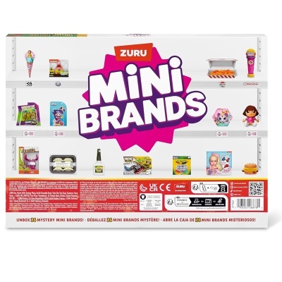 Embalagem branca do ZURU MINI BRANDS com figuras de miniaturas de brinquedos e alimentos