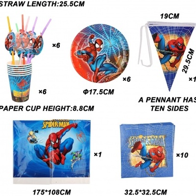 Conjunto de festa Spider-Man com copos, pratos, palhinhas, bandeira, toalha e guardanapos decorados.