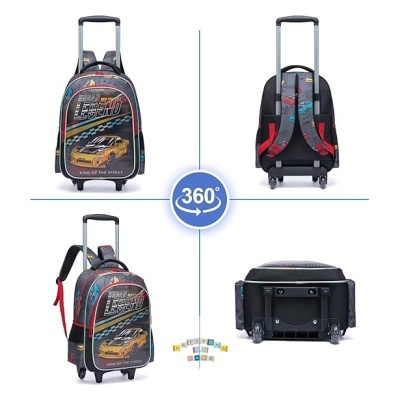 Mochila escolar com carrinho e roda com desenho de carro amarelo e texto LEGEND