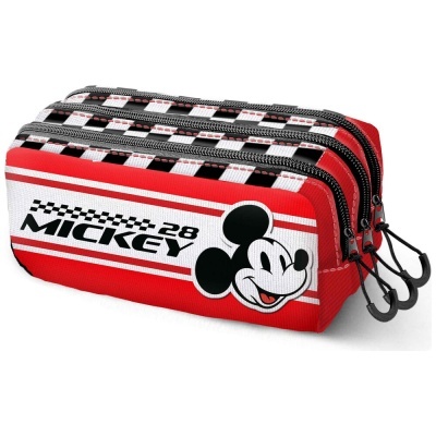 Estojo escolar triplo vermelho e branco com Mickey Mouse e padrão xadrez.