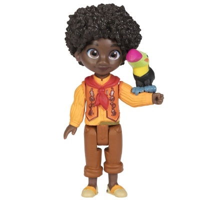 Boneco com cabelo preto encaracolado e pássaro colorido no braço