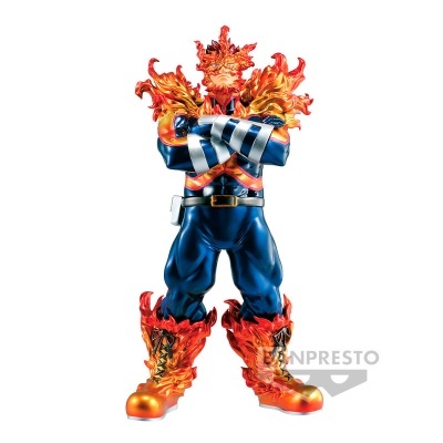 Figura de ação de personagem com chamas laranja e roupa azul