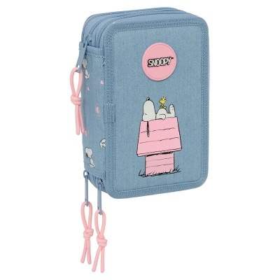 Estojo escolar azul claro com design Snoopy e casa cor-de-rosa