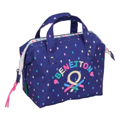 Bolsa de mão azul com gotas coloridas e logo BENETTON