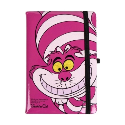 Caderno com capa do gato Cheshire rosa e branco com elástico preto