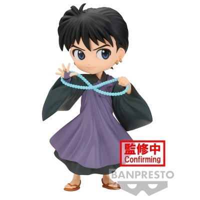 Figura colecionável anime Banpresto com roupa roxa e preta e rosário azul claro