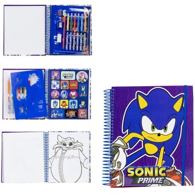 Caderno de desenho Sonic Prime com materiais de desenho e adesivos