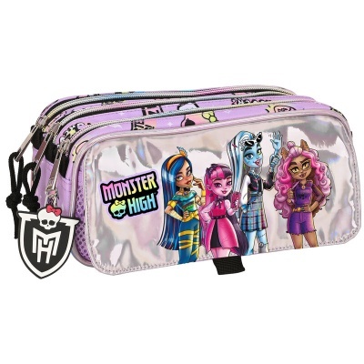 Estojo escolar prateado e lilás com personagens Monster High estampadas