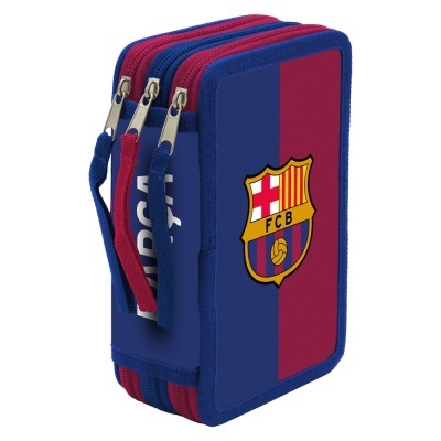 Estojo escolar azul e vermelho com o emblema do FC Barcelona e o nome MESSI