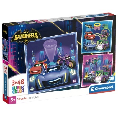 Caixa de 3 puzzles Batwheels com carros animados coloridos e símbolo do Batman no céu