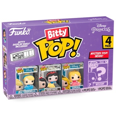 Caixa Funko Bitty Pop! Disney Princess com 4 figuras em tons roxos, amarelos e brancos