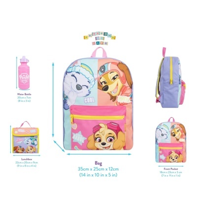 Mochila infantil colorida com personagens de desenho animado e bolso frontal