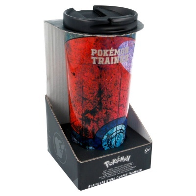 Copo térmico de aço inoxidável vermelho e azul com tampa preta e texto Pokémon Trainer