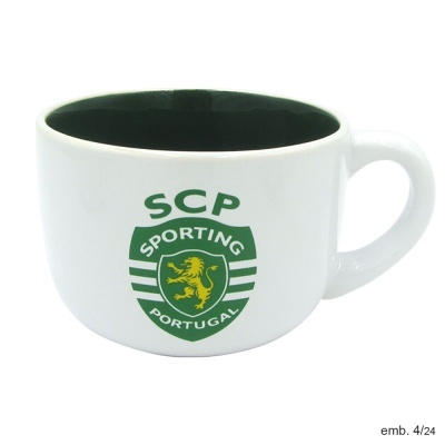 Caneca branca com emblema do Sporting Clube de Portugal