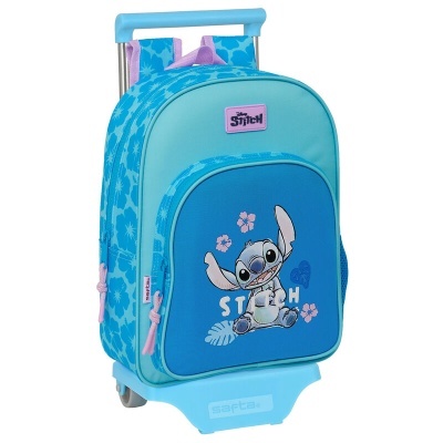 Mochila de rodas azul com personagem Stitch e padrão floral