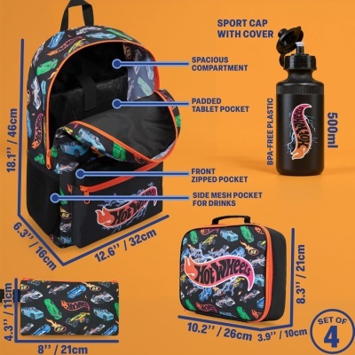 Conjunto de mochila, lancheira, garrafa e estojo Hot Wheels com padrão de carros coloridos fundo preto