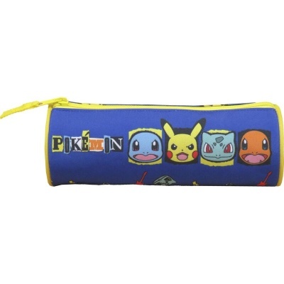 Estojo escolar cilíndrico azul com fecho amarelo e personagens Pokémon