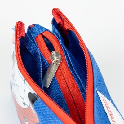 Estojo mochila escolar azul e vermelho com fecho de correr e bolso interior