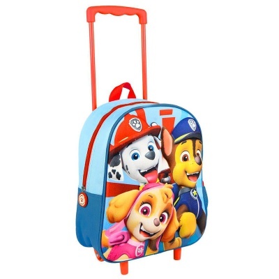 Mala de criança azul com personagens de desenho animado e puxador vermelho