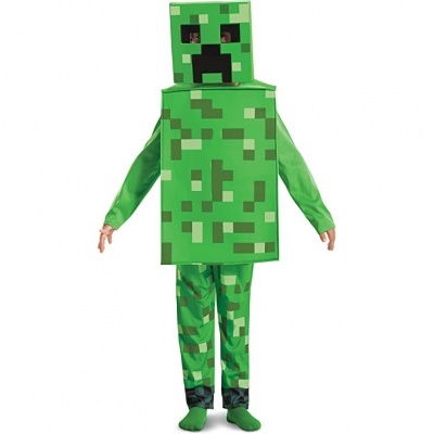Fato infantil Minecraft Creeper com máscara de cubo e roupa pixelada em verde.
