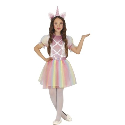 Criança com vestido de princesa unicórnio colorido e faixa de cabeça