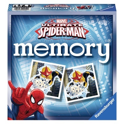 Jogo memory Spider-Man da Ravensburger em caixa azul com imagens de cartas e logo Marvel