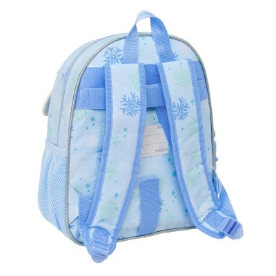 Mochila azul clara com padrão de flocos de neve e alças acolchoadas
