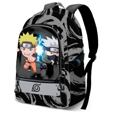 Mochila preta e cinzenta com estampa de personagens de anime Naruto