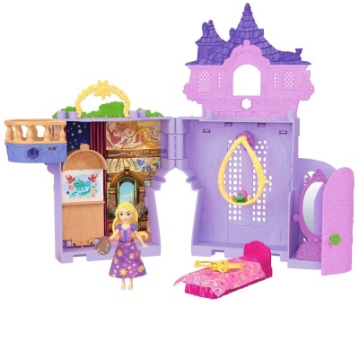 Brinquedo de castelo dobrável com boneca, cama e baloiço coloridos