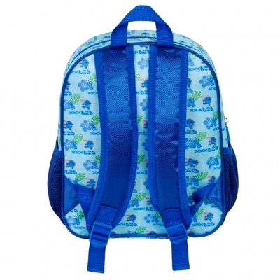 Mochila infantil azul com padrão colorido e alças ajustáveis azuis