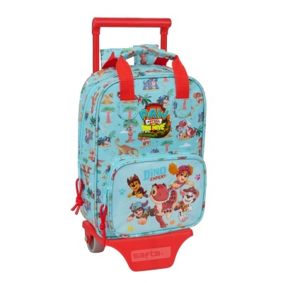 Mochila de rodinhas azul claro da Paw Patrol com personagens de dinossauros e alças vermelhas
